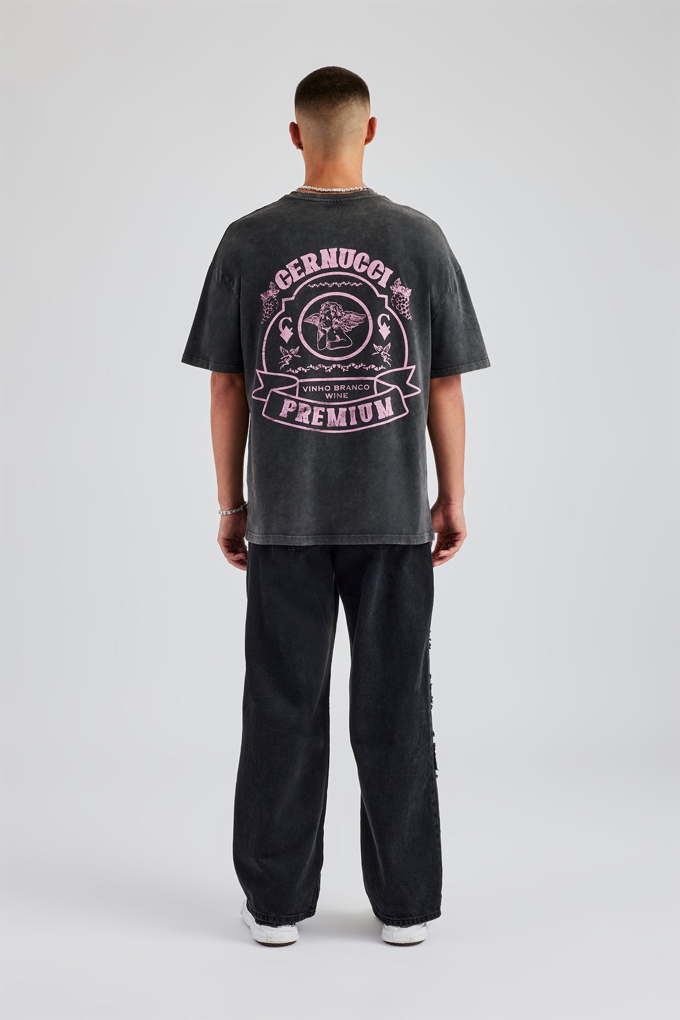 Oversize-T-Shirt mit Perlen-Cherub-Print im Vintage-Waschungsdesign - Anthrazit